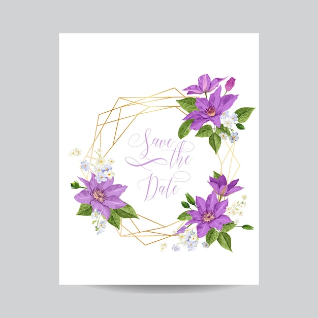 Modelo de convite de casamento com flores clematis e moldura dourada. tropical floral salvar o cartão de data. design romântico de flores exóticas para cartão postal de saudação, aniversário, aniversário. ilustração vetorial