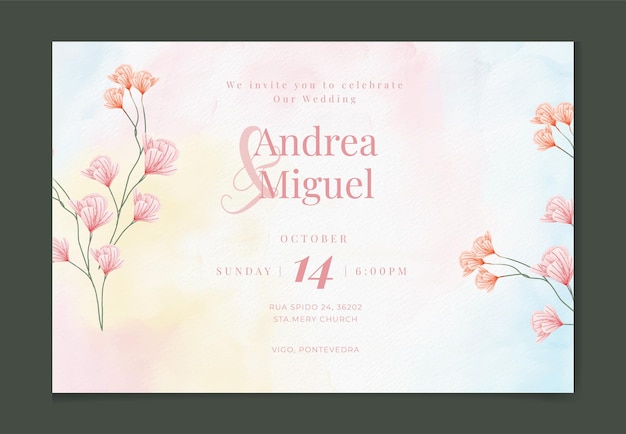 Modelo de convite de casamento com folhas e flores em aquarela