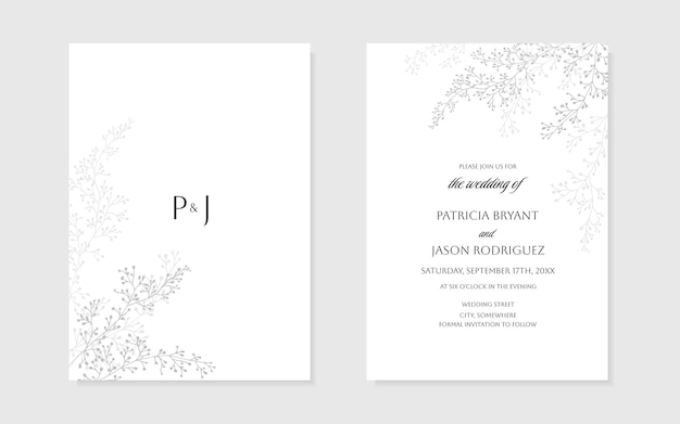 Modelo de convite de casamento com galhos delicados desenhados à mão em cinza Ilustração vetorial para capa