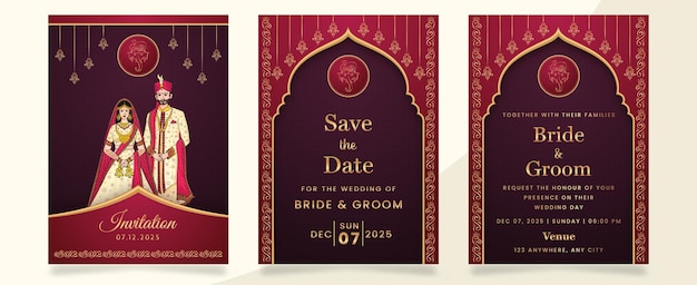 Vetor modelo de convite de casamento com imagem de casal indiano em vermelho e bege set de 3 páginas