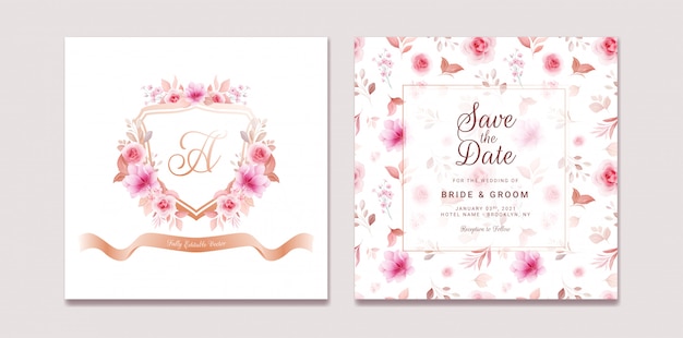 Modelo de convite de casamento conjunto com crista floral romântica e padrão. composição de rosas e sakura flores