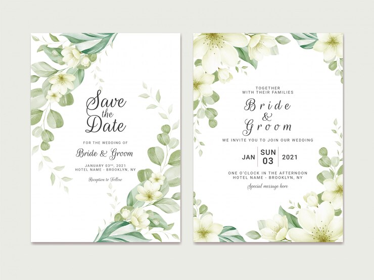 Vetor modelo de convite de casamento conjunto com decoração de borda floral aquarela suave. ilustração botânica para design de composição de cartão