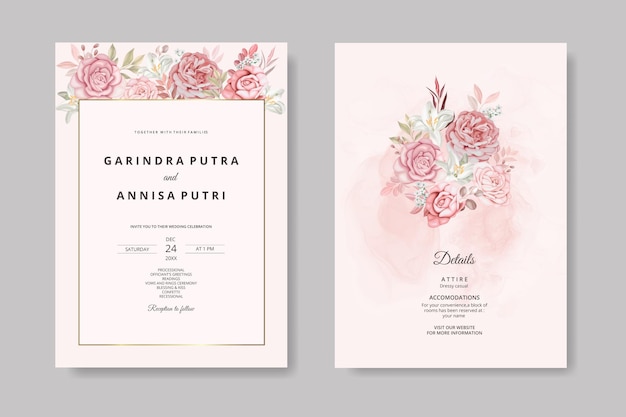 Vetor modelo de convite de casamento conjunto com polvo marrom moldura floral aquarela fundo premium vector