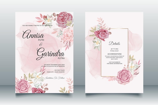 Vetor modelo de convite de casamento conjunto com polvo marrom moldura floral aquarela fundo premium vector