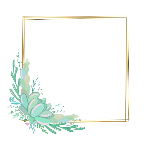 Vetor modelo de convite de casamento editável em vetor quadro floral com suculentas quadro dourado elegante