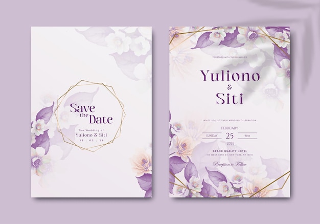 Vetor modelo de convite de casamento elegante com aquarela de flores e linha dourada vetor premium