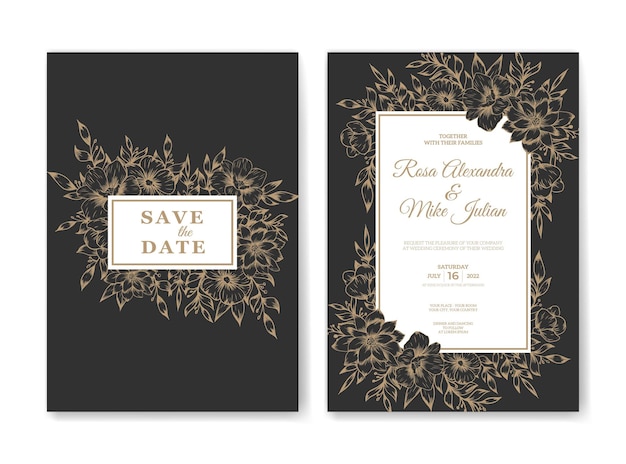Modelo de convite de casamento elegante com flor de contorno dourado