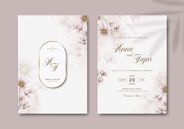 modelo de convite de casamento elegante com ilustração em aquarela vetor premium