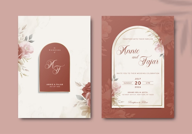 modelo de convite de casamento elegante com ilustração em aquarela vetor premium