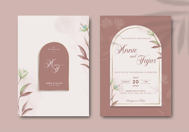 modelo de convite de casamento elegante com ilustração em aquarela vetor premium