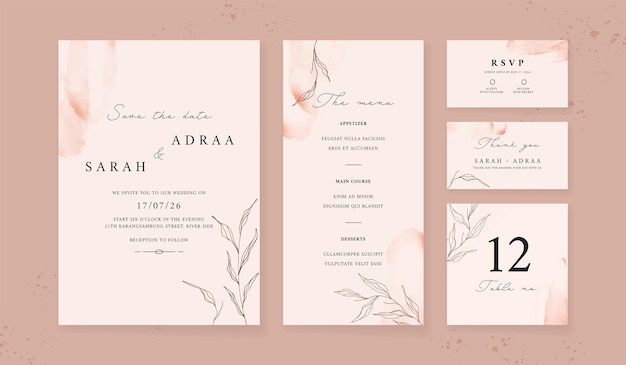 Modelo de convite de casamento em aquarela abstrato conjunto de papelaria de casamento cartão de luxo e fundo de cartaz