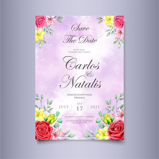 Modelo de convite de casamento em aquarela floral e folhas