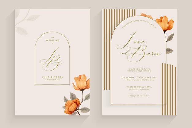 Modelo de convite de casamento estético com aquarela de flores castanhas