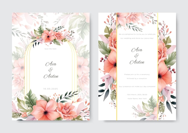 Vetor modelo de convite de casamento floral com decoração de flores e folhas conceito de design de cartão botânico