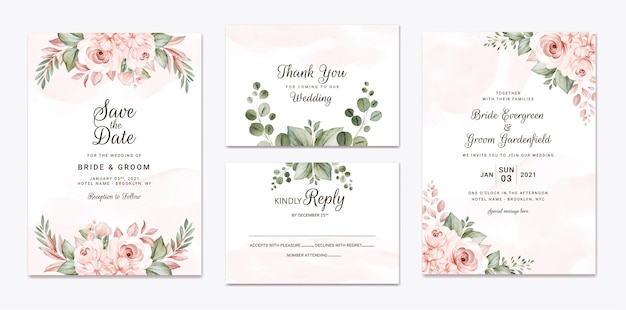 Modelo de convite de casamento floral com decoração de flores e folhas de rosas brancas e pêssego. Conceito de design de cartão botânico