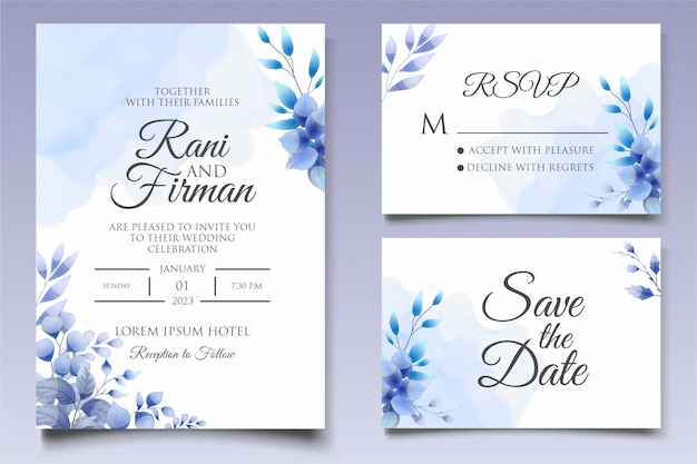 Modelo de convite de casamento floral lindo em azul clássico
