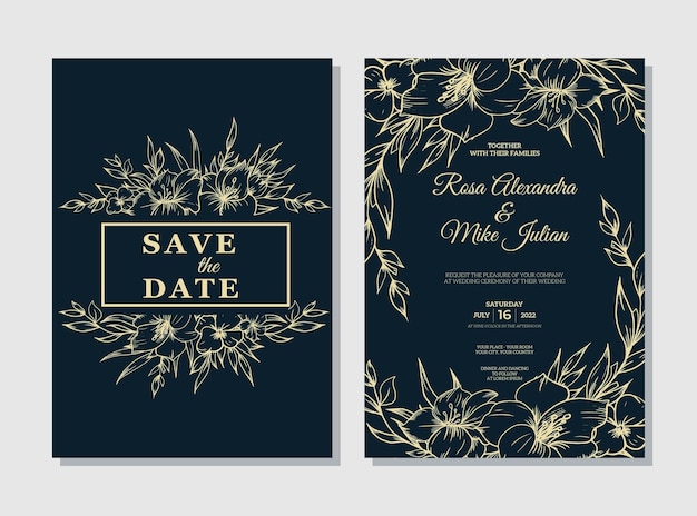 Modelo de convite de casamento isolado com decoração de contorno de flor desenhada à mão