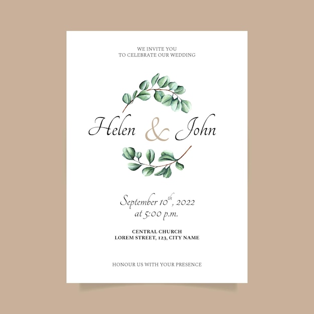 Modelo de convite de casamento minimalista em aquarela pintada à mão