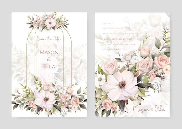 Vetor modelo de convite de casamento moderno de pá de maconha branca com floral e flor