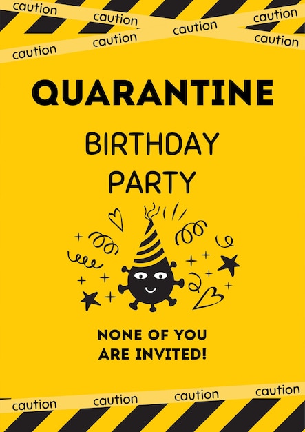 Modelo de convite de festa de aniversário de quarentena amarelo preto cartão de aniversário banner de festa online em casa vetor