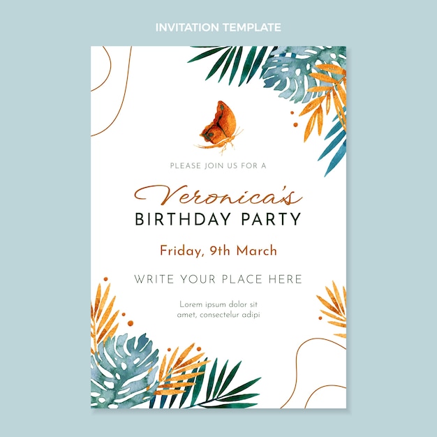 Modelo de convite de festa de aniversário de selva aquarela