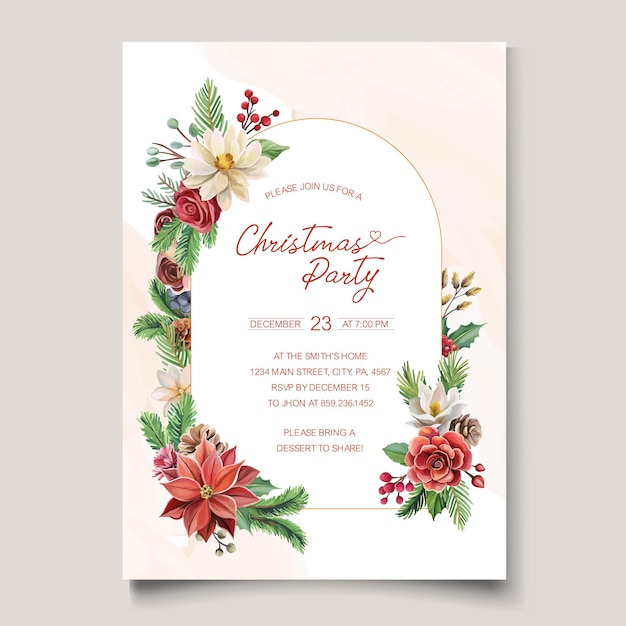 Modelo de convite de festa de Natal floral com belas plantas de inverno Cartão de saudação