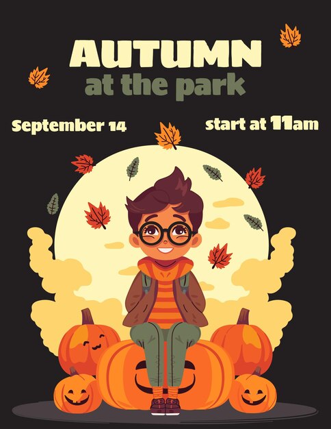 Modelo de convite para festa de outono com criança fofa de óculos sentada em abóboras
