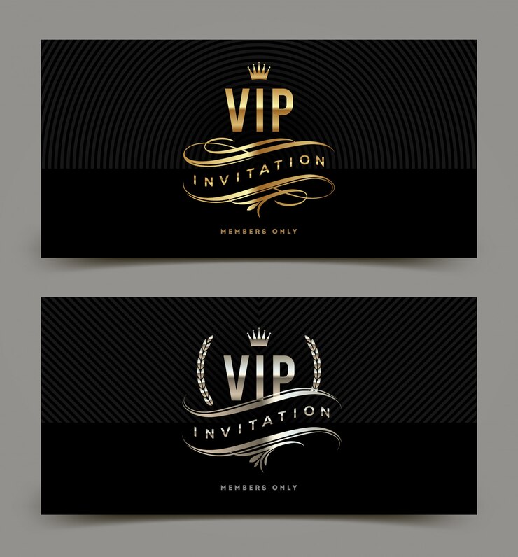 Vetor modelo de convite vip de ouro e platina - tipo design com coroa, coroa de louros e floreios