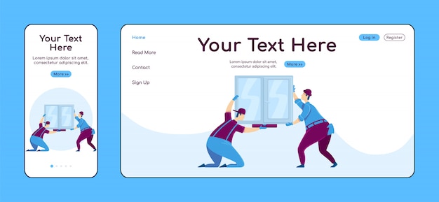 Modelo de cor da página de destino adaptável da instalação da janela. handyworkers móveis e layout da página inicial do pc. melhoria da casa ui de site de uma página. página da web de reparos domésticos em várias plataformas