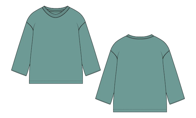 Modelo de cor verde de ilustração vetorial de moda técnica de camiseta de manga longa para mulheres