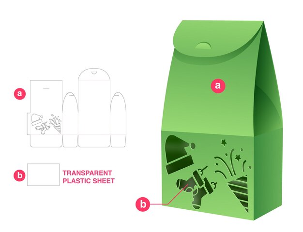 Modelo de corte e vinco de caixa de embalagem de natal e maquete 3d