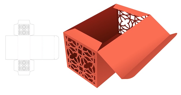 Modelo de corte e vinco de caixa de embalagem e maquete 3D