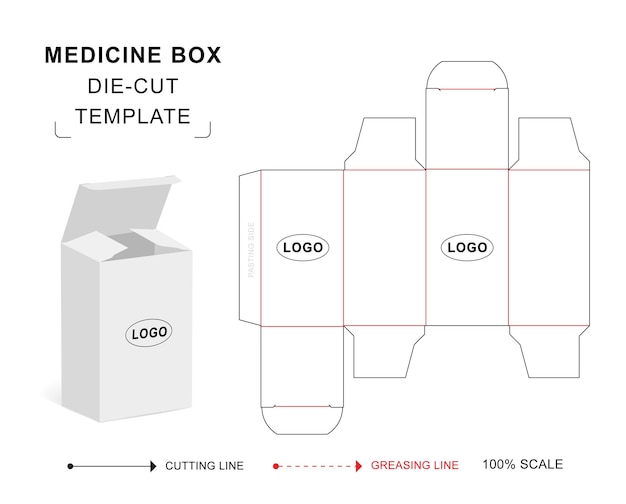 Vetor modelo de corte e vinco de caixa de remédios