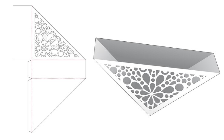 Vetor modelo de corte e vinco de recipiente triangular estampado e maquete 3d