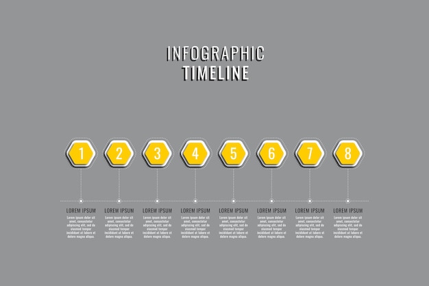 Vetor modelo de cronograma infográfico de negócios com elementos hexagonais amarelos em um fundo cinza