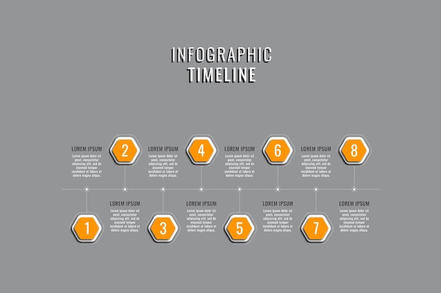 Modelo de cronograma infográfico de negócios com elementos hexagonais laranja em um fundo cinza