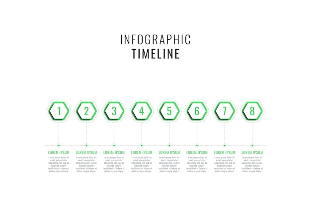 Modelo de cronograma infográfico horizontal com oito elementos hexagonais verdes em um fundo branco