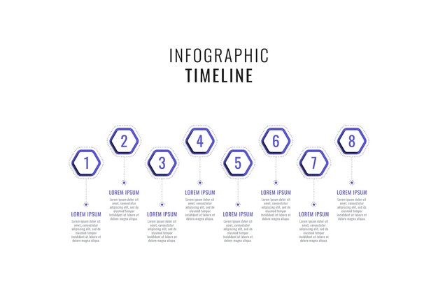 Modelo de cronograma infográfico horizontal com oito elementos hexagonais violetas em um fundo branco