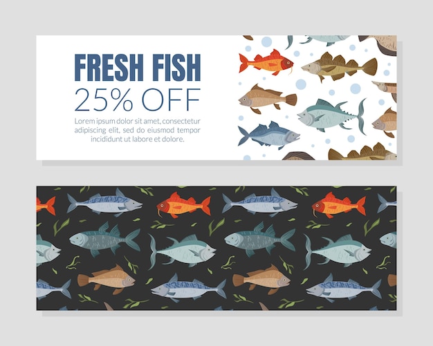 Vetor modelo de cupom de folheto de peixe fresco na loja de frutos do mar elemento de design do menu ilustração vetorial plana