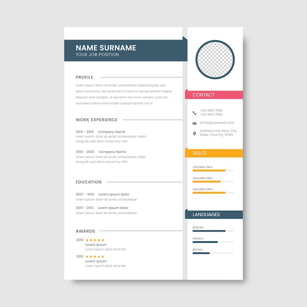 Modelo de CV ou layout de papel timbrado de currículo com espaço para edição de fotos.
