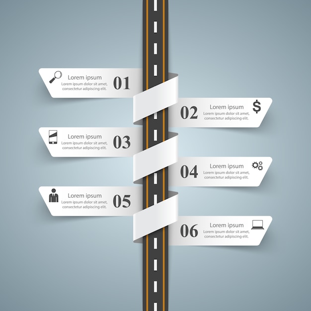 Modelo de desenho infográfico de estrada e ícones de marketing.