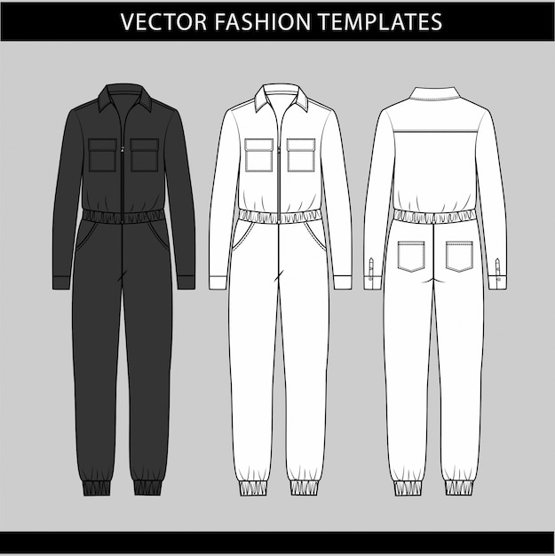 Modelo de desenho plano de moda macacão, vista frontal e traseira do macacão