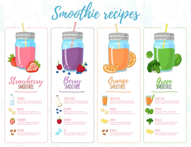 Modelo de design banners, folhetos, menus, receitas de smoothie de panfletos. design menu com receitas e ingredientes para um smoothie. receitas de coquetéis feitos com frutas, legumes e ervas.