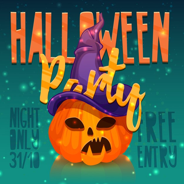 Modelo de design cartão de felicitações, panfleto, cartaz para festa de Halloween feliz Banner para evento de Halloween à noite Convite com decoração jack abóbora e chapéu de bruxa