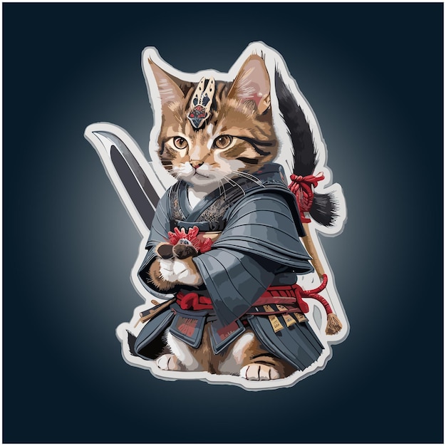 Vetor modelo de design de adesivos de gato samurai