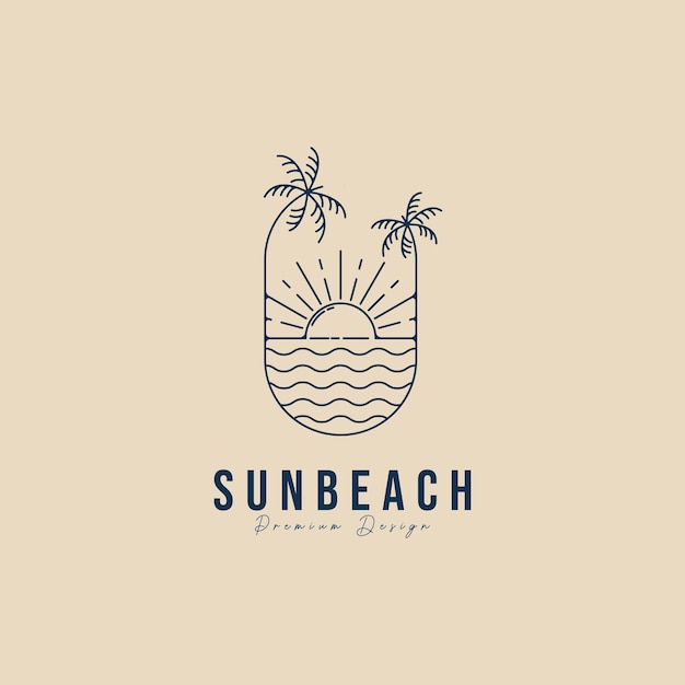 Vetor modelo de design de arte de linha de logotipo de praia do sol com design de ilustração vetorial de palmeira