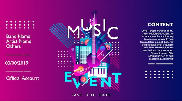 Vetor modelo de design de banner de evento de música para o festival, concerto e festa.