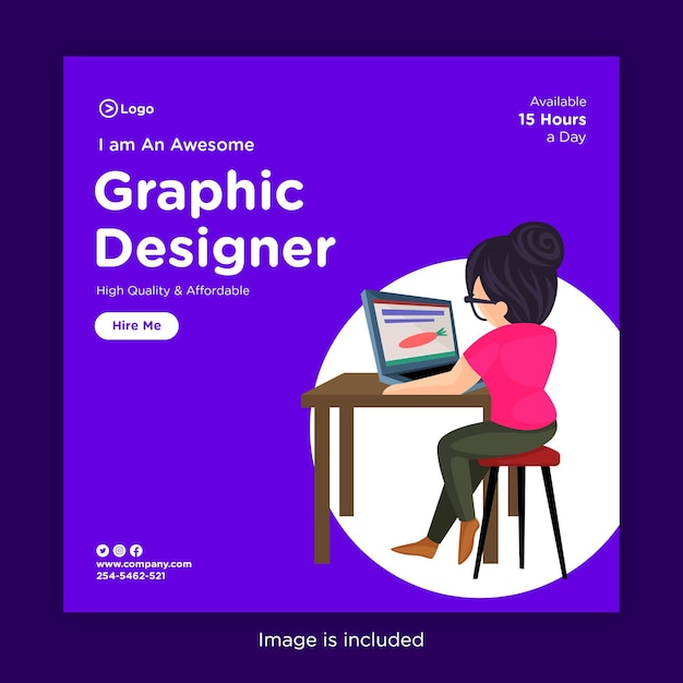 Vetor modelo de design de banner de mídia social de garota trabalhando em um laptop