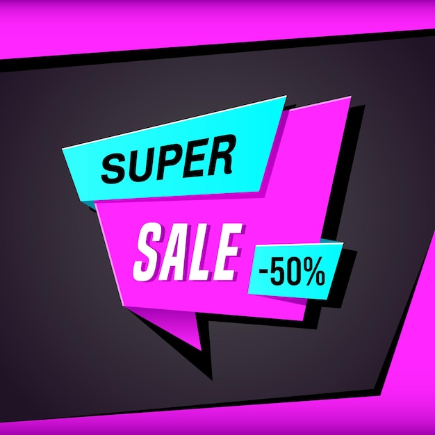 Modelo de design de banner de venda promocional. super venda com 50% de desconto