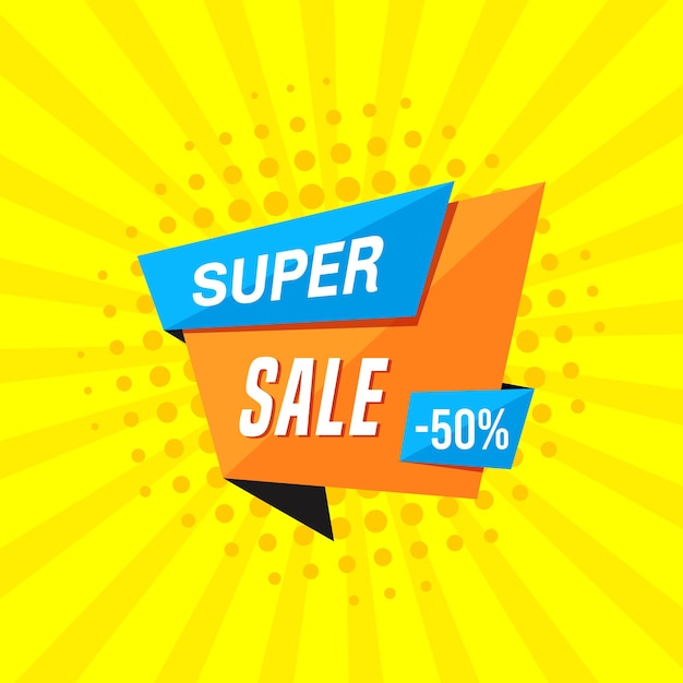 Modelo de design de banner de venda promocional. Super venda com 50% de desconto